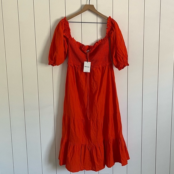 Showpo Nikka Shirred Off Shoulder Puff Sleeve Midi Dress - Picture 2 of 4